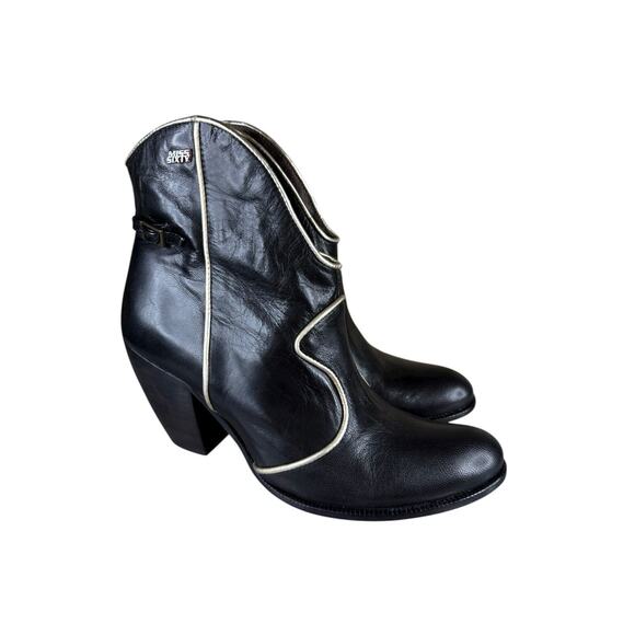 Miss Sixty Black Leather Ankle Boots 39 US 8.5 Silver Trim Western Heel - Picture 5 of 9